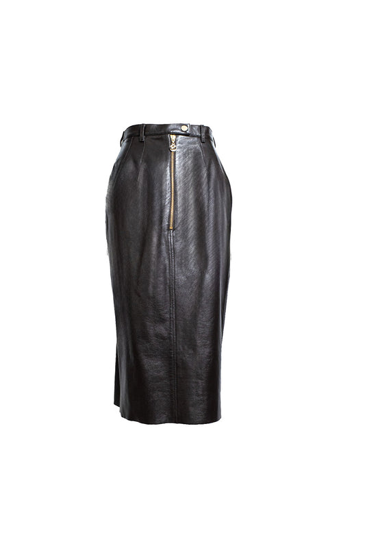 Brown leather skirt with a zipper on a white background