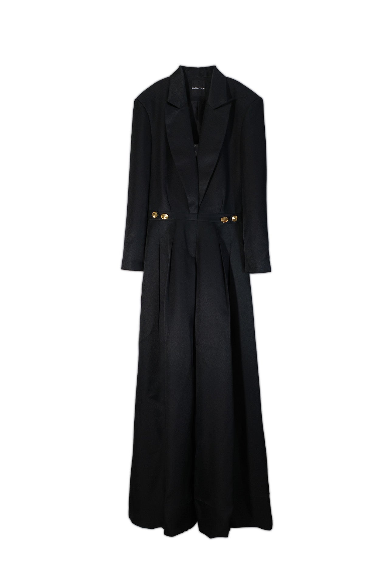Black coat with gold buttons on a white background